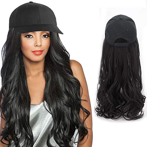 Long Wavy Wig Hat, Baseball Cap with Hair 21 inches Long Curly Synthetic Hair Extension Attached Adjustable Cap for Black Women