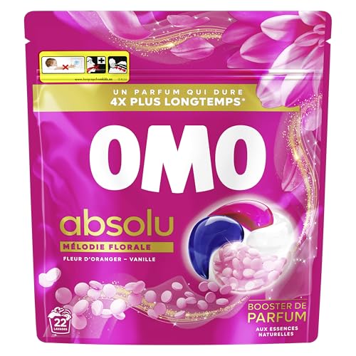 OMO – Detergente Cápsulas Absolu Melodía Floral con perlas booster de perfume – Flor de naranja y vainilla – Limpieza impecable para un lino brillante – 22 lavados