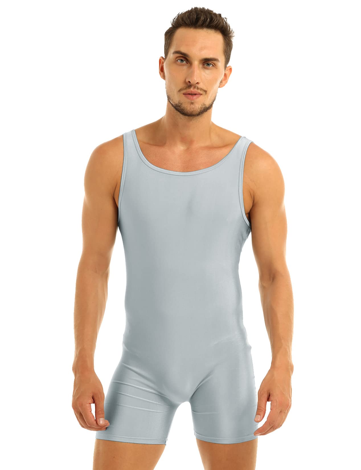 Daenrui Mens One Piece Wrestling Singlet Sports Bodysuit Stretchy Gymnastic Leotard Tank Jumpsuit Unitard Silver-gray Large