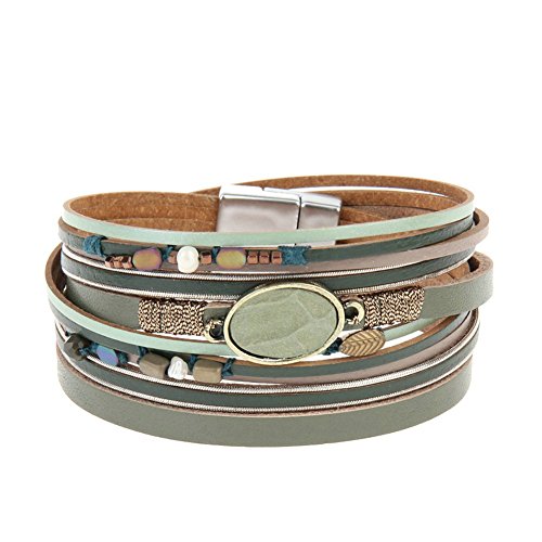 joymiao Pulseras Wrap de Cuero Perlas y Cuentas de Colores Muti Cuff Bangle, Charm Pulsera multicapas Women Jewelry con Hebilla magnética (Verde)