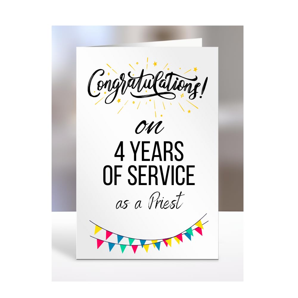 4 years of service card for priest, work anniversary, employee, colleague, boss, retirement, leaving, present, gifts, men, women, congratulations on 4th, A5-311_4