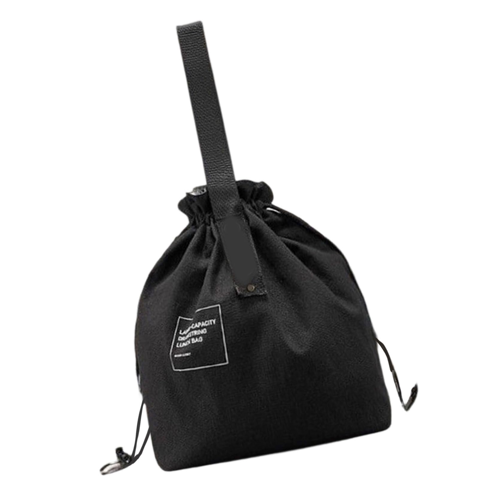 Pangboer Black Lunch Storage Tote With Hand Carry Strap, Drawstring Access, Insulated Meal Space, Canvas Look Exterior Portable Meal Tote Insulated Food Bag Drawstring Lunch