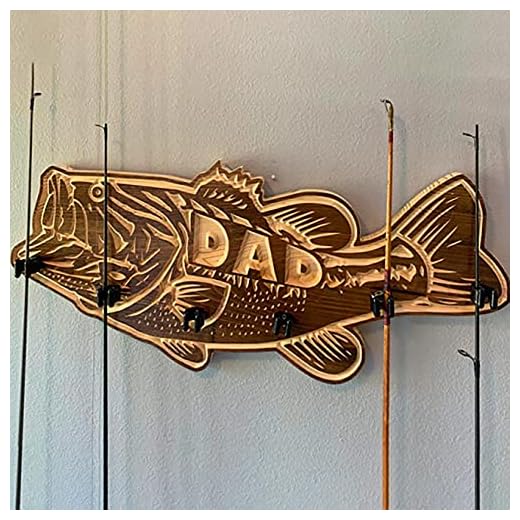 HAPIGOOD Fathers Day wood large mouth bass Fishing Rod Holder, Papa favorite wooden fishing rod Rack with Salmon Redfish Large Mouth Bass shape Designs (Large Mouth Bass), one size