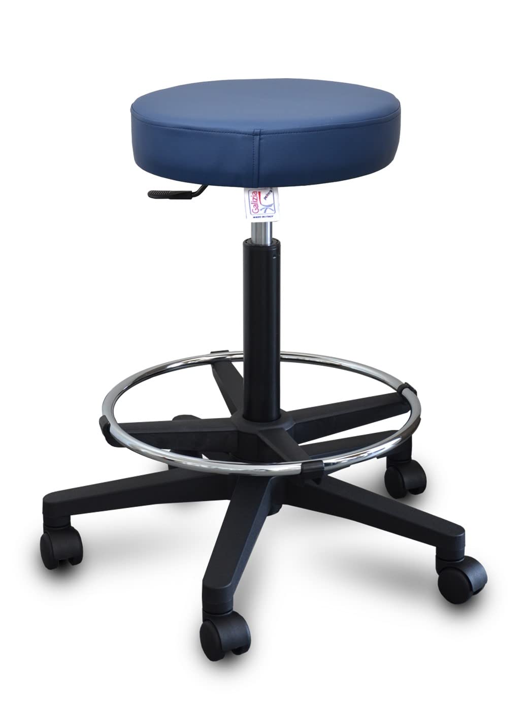GALIZIA PRIME Sgabello da Lavoro con poggiapiedi Girevole per Salone estetico, bar, per ambulatorio Medico Dentista, con rotelle o Piedini, Rotazione Libera di 360°, 7 cm di Imbottitura (BLU)