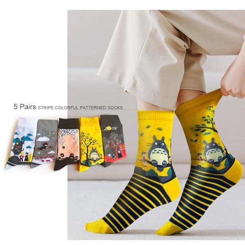 5 Pairs Stripe Colorful Patterned Medium High Top Cotton Crew Socks for Women, Kawaii Cartoon Howl, Kiki, ect4