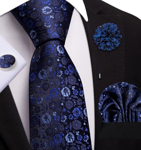 Image of Dubulle Mens Tie and Lapel Pin Paisley Striped Floral Necktie for Men Pocket Square Cufflinks 4PCS Set Wedding Party