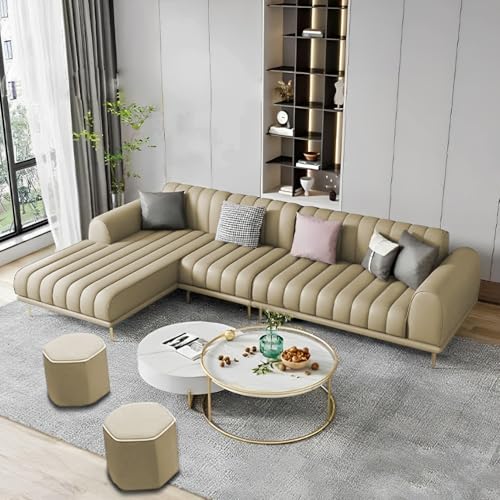 Image of Casaliving Herrick LHS 6 Seater L Shape Sofa Set with 2 Puffy for Living Room (Cream Colour) Premium Velvet Fabric Sofa Set