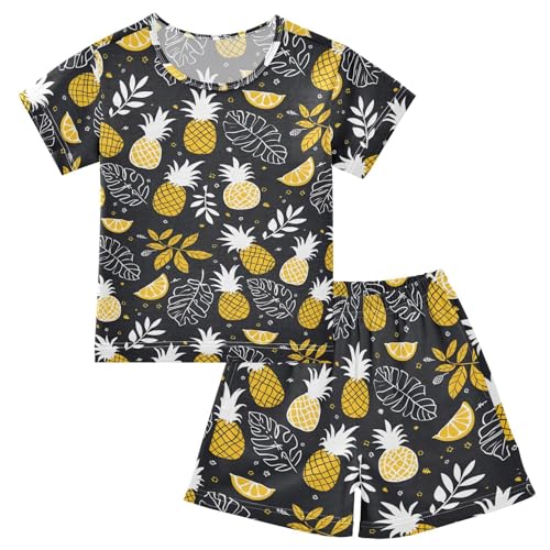 ALAZA Tropical Pineapple Black Fruit Pajamas Short Sleeve 2 Piece Sleepwear Top and Bottom Pajama Set Unisex