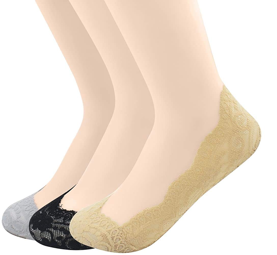 PLUMBURY® Women's/Girl's Anti-Skid Lace No Show Socks/Footie/Sock Liner/Foot cover (Pack Of 3)