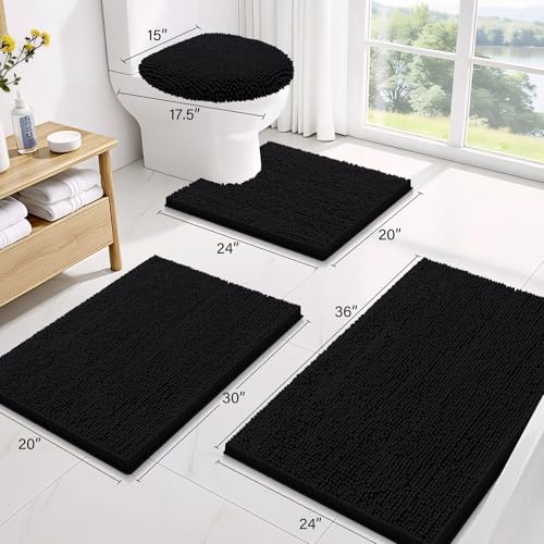 Image of Smiry Bathroom Rugs Sets 3 Piece, Soft Absorbent Chenille Bath Mat and U-Shaped Contour Toilet Rug, Machine Wash Dry Bath Mat Sets for Bathroom Tub and Floor (30 inchx20 inch+24 inchx16 inch+24 inchx20 inch, Black)