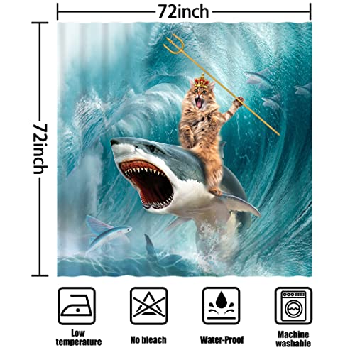 Cyrekud 72" X 72" Funny Cat Shower Curtain Cat Riding Shark Ocean Wave Bathroom Set Fun Animal Nautical Home Bath Bathtub Decor Durable Fabric Machine Washable With 12 Hooks #TOP2