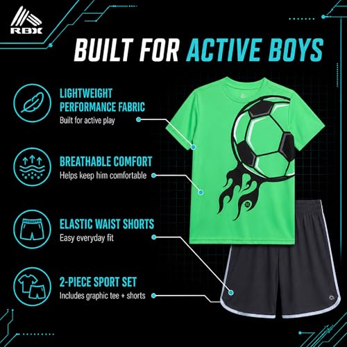 Image of RBX Boys Athletic Shorts Set - 2 Piece Active Performance Graphic Tees and Mesh Gym Shorts for Boys With Elastic Waistband