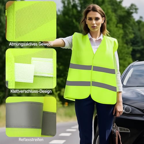 Aerzouser 4 Stück Warnwesten Auto, Sicherheitsweste Auto, Warnwesten, Warnweste Auto,Warnwesten Auto 4er,Warnweste für die Nächtliche Pannenhilfe, Ausgestattet Mit Hochwertigen Reflexstreifen