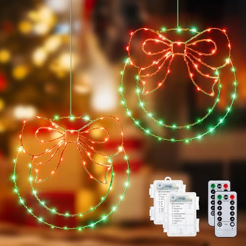 Ollny 2 guirnaldas de Navidad con 160 luces LED, con temporizador, mando a distancia regulable, 8 modos, funciona con pilas, para Navidad, interior y exterior, blanco cálido (rojo y verde)