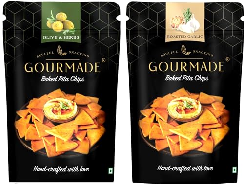 Image of Gourmade Soulful Snacking Pita Chips Olive & Herbs and Roasted Garlic | Baked Pita Bread Chips | Pita Chips Baked, 250g(each Pack 125g) |Dip Starter ChipsTravel Snack|Mediterrianean Pita Bread Chips|Nachos & Tortillas