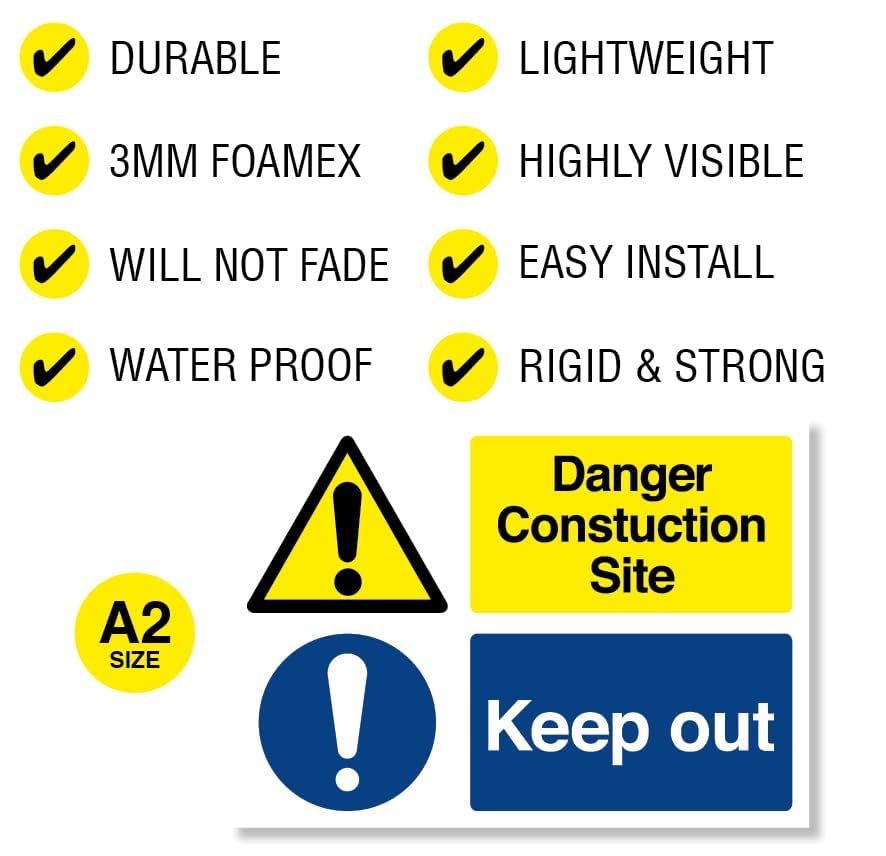 Punkcards - Danger Construction Site Keep Out, Safety Warning Sign, A2 594 x 420mm 3mm Foamex, White, 594mm x 420mm - Image 4