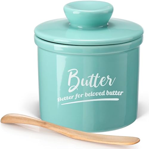 Mantequilla de cerámica con agua para encimera, mantiene la mantequilla suave y fresca durante 2 a 5 semanas, mantequilla con tapa y cuchillo para