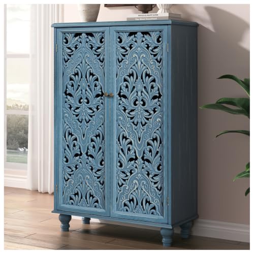 Image of JOINICE 47 inch Tall Accent Cabinet with Carved Doors & Storage for Living Room | Vertical Storage for Dining Room,Bedroom, Carved Floral Design, Farmhouse & Rustic Style, Adjustable Shelves, Easy Assembly