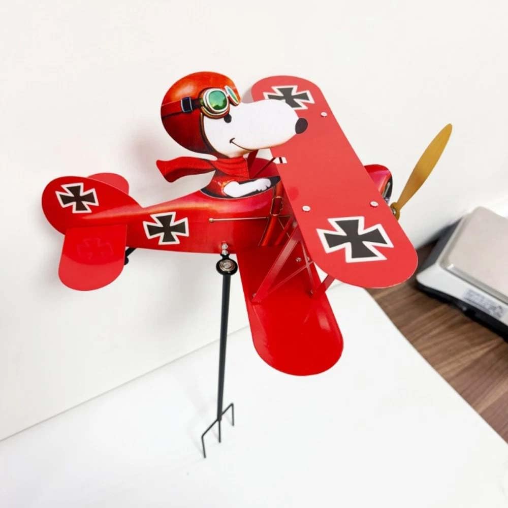 Cartoon Pilot Flying Biplane Metal Wind Spinner, Vintage Windmill Garden Yard Art Decor for Outdoor Patio, Lawn & Backyard-Self assembling (Red)