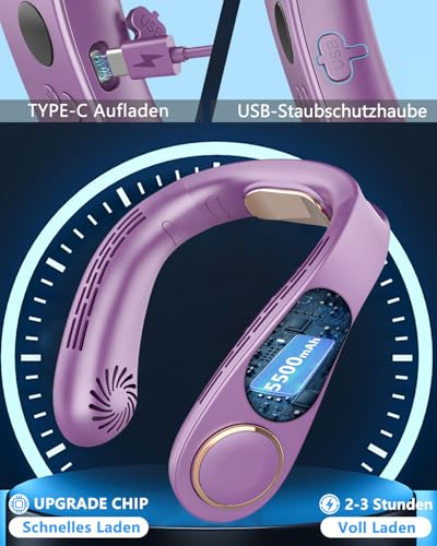 Image of Personal Neck Fans that Blow Cold with Cooling Plate, Wearable Around Bladeless Cooling Device, Rechargeable Head Neck Coolers for Kids Women Men Extremely Hot Weather Outdoor Indoor, Purple