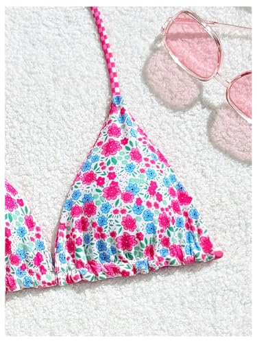 Image of RoseSeek Girl's 2 Piece Swimsuits Floral Gingham Halter Triangle Wireless Bikini Bathing Suit