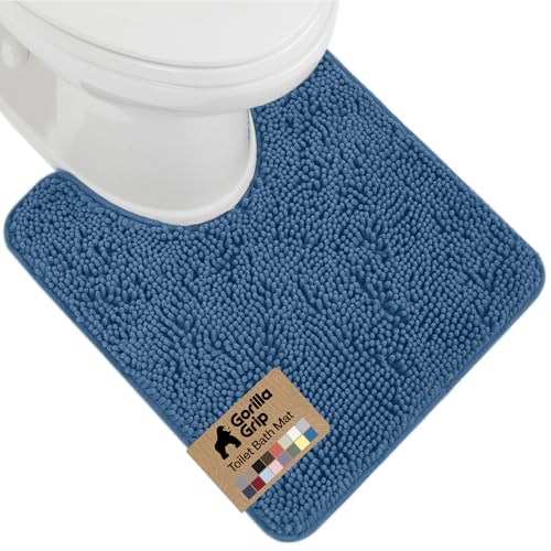 Image of GORILLA GRIP Plush Absorbent Shaggy Chenille Bath Rug Mat for Oval Toilet Base with Rubber Backing, Machine Washable Rugs, Soft Microfiber Contour Mats for Toilets, Quick Dry, Bathroom Decor, Blue