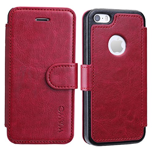 WAWO Funda para iPhone Funda De Piel Tipo Cartera para iPhone SE Wallet Case - Rojo (Card Slot Vintage Series)(Funda con Tapa iPhone SE Carcasa)