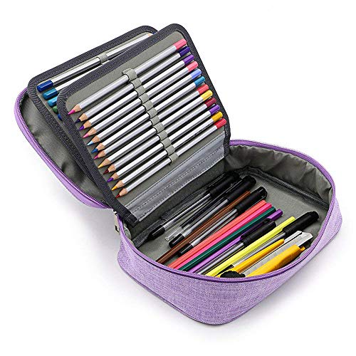 Yunhigh Estuche con 72 Ranuras de Colores Estuche con Cremallera de Gran Capacidad con asa para lápices de Acuarela prismacolor, lápices de Crayola, lapiceros de Marco, lapiceros de Gel - Lavanda