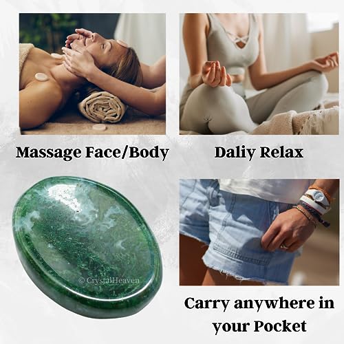 Image of Certified Moss Agate Crystal Thumb Worry Pebbles Stones for Anxiety Stress Relief Massage - AAA Grade Original Healing Gemstone Agate Rubbing Stone for Yoga Meditation Spiritual Reiki Feng Shui
