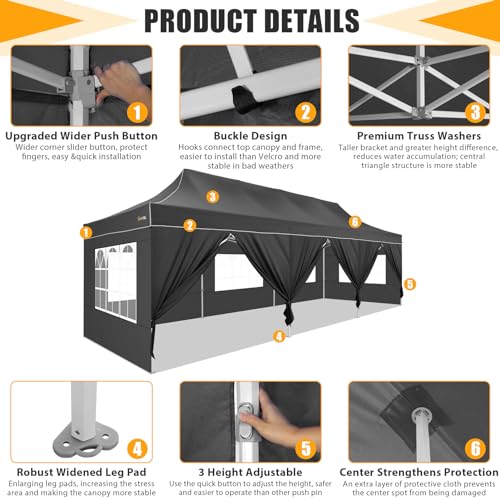 Image of HOTEEL Tents for Parties 10x30 Pop Up Canopy Tent Heavy Duty with 8 Sidewalls, Commercial Party Tent Event Wedding Instant Canopy Waterproof with Carry Bag, UV 50+, Thicked Hexagonal Legs, Black