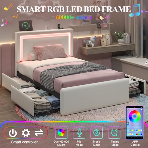 Image of Twin Size Bed Frame with 4 Storage Drawers, Upholstered Headboard, White