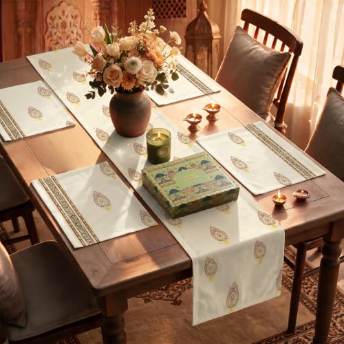Image of Urban Space Festive Gift Set - Cotton Dining Table Runner with 4 Placemats & Scented Candle, 4 Seater Table Linen Set in Premium Gift Box, Diwali & Festive Home Decor Gift (Zari Buta Brown Gold)