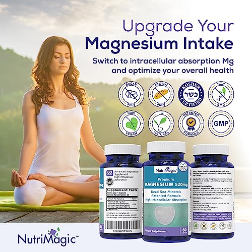 Pure High Absorption Magnesium Supplement 520Mg From The Dead Sea, Natural Vegan Complex, Supports Heart & Bone Health, Muscle Leg Cramps, Brain Health - 139% Daily Value, 2-Month Supply - 60 Capsules #TOP5