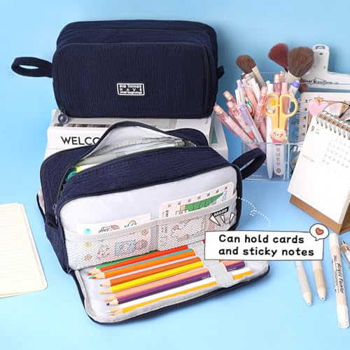 Image of iSuperb Big Capacity Corduroy Pencil Case 3 Compartments Pen Pouch Simple Organizer Bag Large Capacity Pencil Box for Adults (Navy Blue)