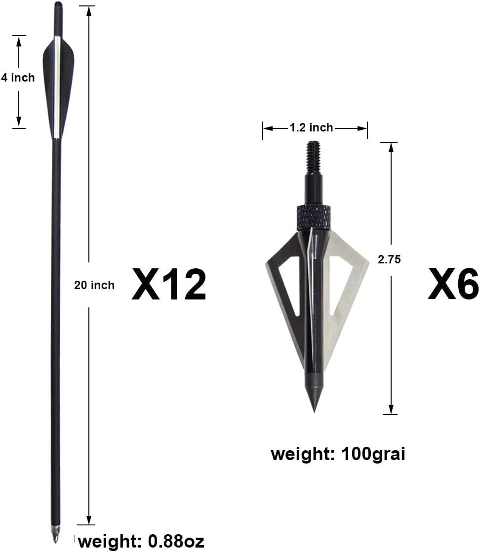 VNAKER 20 Inch Carbon Crossbow Bolts 12 Pack and Hunting Broadheads 6 Pack, Carbon Crossbow Arrows for Hunting and Outdoor Practice(Black) : Sports & Outdoors