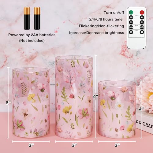 Image of Pink Flameless Candles with Remote Timer, Glass Battery Operated Candles, Pink Flower Decals LED Candles for Home Party Wedding Mother's Day Thanksgiving Decor Set of 3