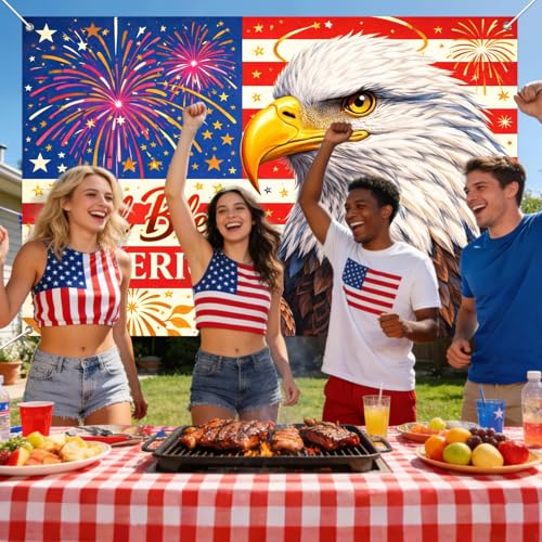 Image of IVN Patriotic Eagle Banner 71x43 Inch 4th of July Veterans Day Memorial God | Polyester Patriotic Eagle 4th of July Veterans design for 4th of July Independence Day Memorial Day and Veterans Day decor