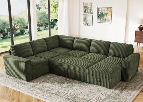 HONBAY Modular Sectional Sleeper Sofa with Pull Out Bed,Corduroy U Shaped Couch with Storage, Sectional Couches for Living Room,Green - Thumbnail 5