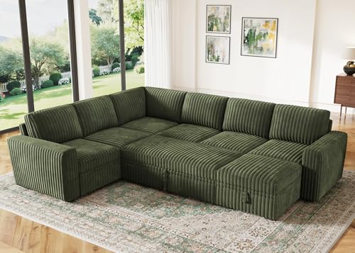 HONBAY Green Modular Sectional Sofa with Pull-Out Bed