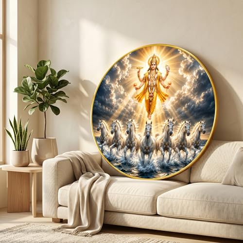 Image of SAF Lord Vishnu 7 Horse Round Wall Painting with Premium PVC Golden Frame, Divine Surya Vastu Art, Hindu Religious Home Decor for Living Room Prayer Room (20 x 20 Inch) GRL-447