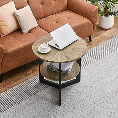 Moderion Round Large End Table With 2 Tire Storage Shelf, 25.2” Solid Wood Sofa Side Table With Black Metal Frame, End Table For Bedroom,Living Room,Small Space Rustic Natural Cjz1338 #TOP1