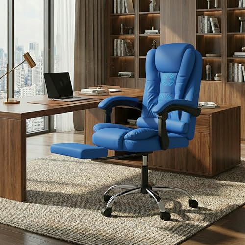 Image of Casa Copenhagen Italia Leatherette Office Chair for Work | Boss Chair, Luxurious Cushioned Arms & Seat, 2 Point Back Massager, Adjustable Leg Rest, Heavy Duty Metal Base (Royal Blue)