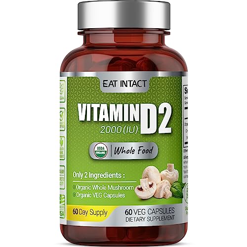 EAT Intact USDA Organic Vegan Whole Food Vitamin D (D2) 2000 IU (50 mcg) Bone & Immune Support UV-Exposed Whole Mushroom 2 Ingredients No Additives or Fillers Third-Party Tested 60 Day Supply.