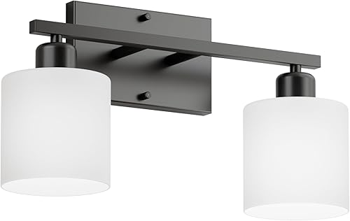 Miniatura 9 de Lámparas de baño sobre espejo, luces de tocador negras mate antioxidantes, 15 apliques de pared modernos de mediados de siglo, 2 luces, pantallas de