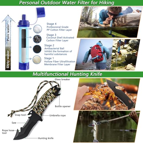 AuRiver Kit de Supervivencia, Equipo de Emergencia con Filtro de Agua, Kit Supervivencia con Cuchillo de Caza, Kit de Primeros Auxilios para Viajar Caminar Acampar al Aire Montaña (Negro) - imagen 2