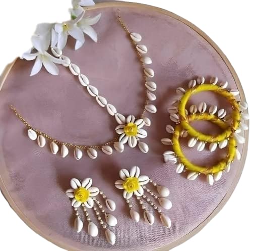 CIYA PLUS Cowrie Shell Flower Jewellery Necklac with Maang Tika and Earrings, Bangles (2.5 inches) for Women and Girls.