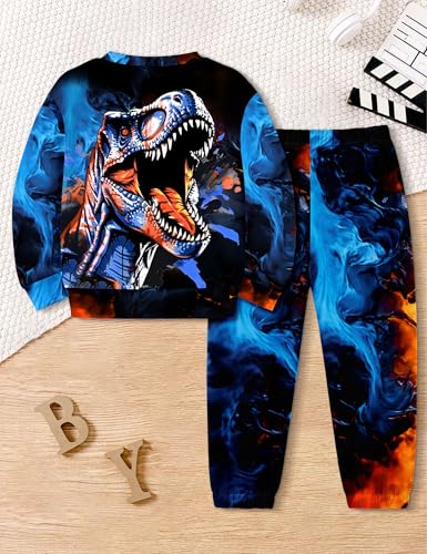 Image of Boys Clothes, T-Rex Print Dinosaur Boy Clothes Fall Winter Outfits Long-sleeved Hooded Sweatshirt Pants 2Pcs Set