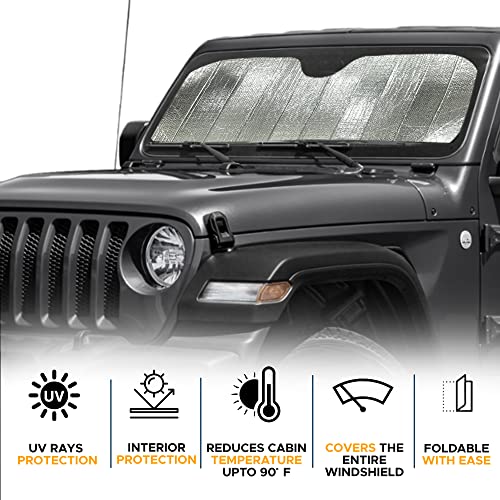 Image of EcoNour Accordion Windshield Sun Shade for Jeep Wrangler | Car Shade Front Windshield Designed for Jeep Wrangler| Dashboard Sun Visor for UV and Heat | XS 53 x 17 inches