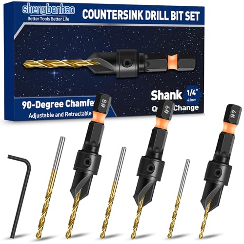 shengbenhao #4#6#8 Countersink Drill Bit Set for Wood 7Pcs Adjustable