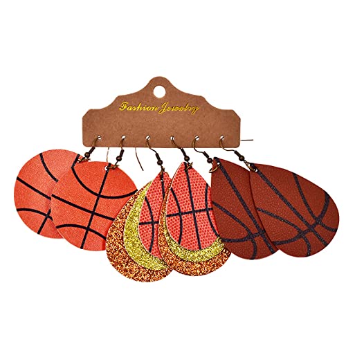3Pairs Sporty Style Earrings, Glittering Sequin Leather Earrings, Rugby Basketball Baseball Football Cheerleaders Lightweight Multilayer Teardrop-Shaped Hook Dangling Jewelry3